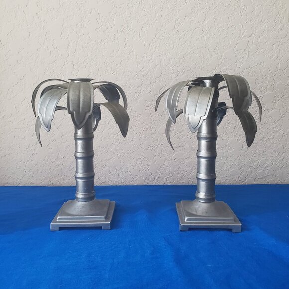 2 VTG Privet House Palms Away Short Galvanized Candle Sticks - Picture 2 of 10